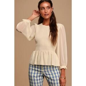 Ellison Womens L Cream Smocked Long Sleeve Top Peasant Boho Romantic Steampunk